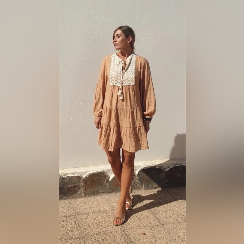 Zara Long Sleeve Mini Dress Embroidered Lace Detail Size Small Boho Beach